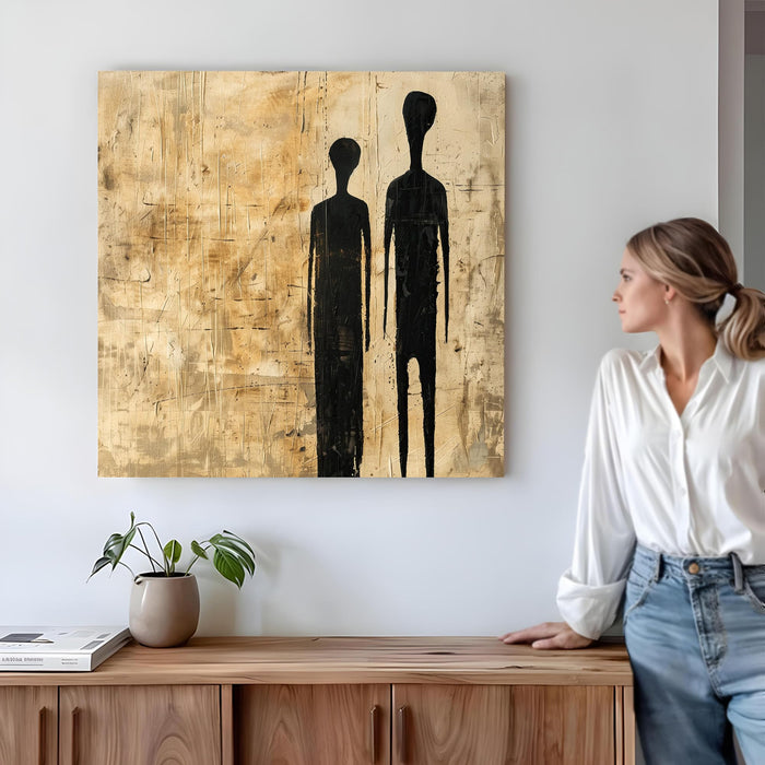 Abstract Minimalist Figures Stretched Canvas Wall Art Painting for Living Room, Modern Giacometti Style Silhouette Painting, Textured Earth Tones in Beige & Black for Office (56xx56 cm)