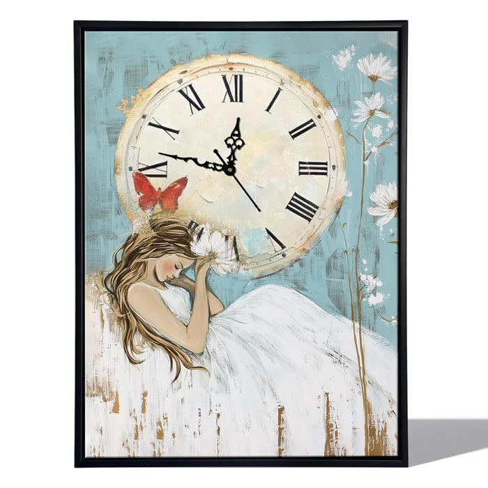 Portrait Abstract Dreamlike Girl Multicolor Framed Canvas wall art With Clock | Painting with clock, 43x58 cm