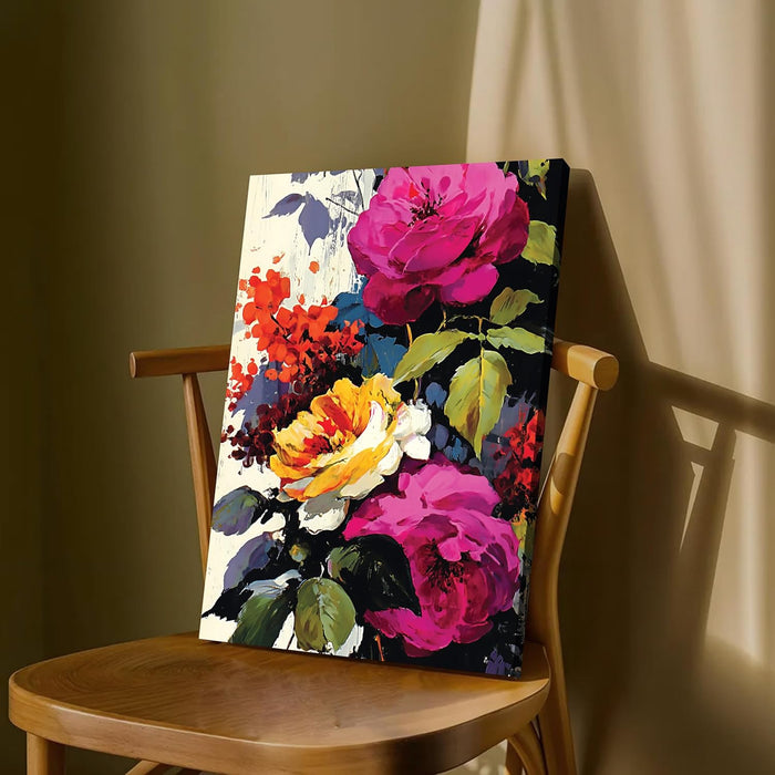 Abstract Floral and Botanical Art Print in Pink, Yellow, and Red | Digital Painting On Canvas Stretched on Wood (16x22 Inch)