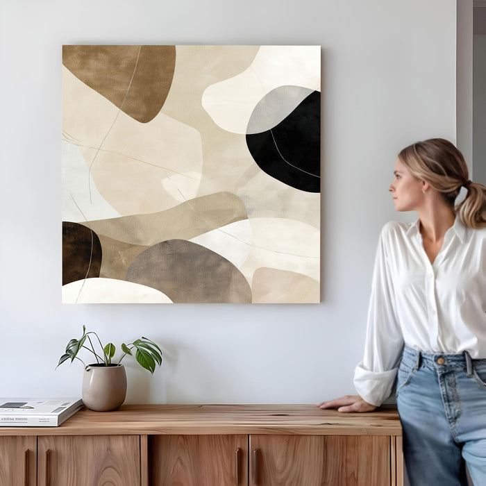 Large Framed Neutral Abstract Wall Art Painting For Living Room, Modern Minimalist Stretched Canvas Poster in Earth Tones, Geometric Shapes for Living Room, Office & Home Decor (56xx56 cm)