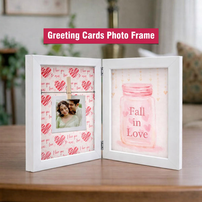 Greeting Card Photo Frame for Couples, Wooden Double Folding Love Photo Frame with Clip, Valentine’s Day Romantic Gift for Boyfriend, Girlfriend, Anniversary Wedding (5.2 x 7.2 Inch, White)