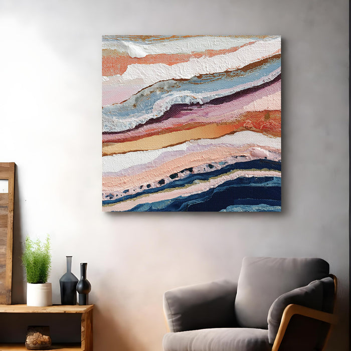 Abstract Stretched Canvas Wall Art Painting For Living Room, Modern Abstract Layered Coastal Landscape, Blue, Pink & Coral Textured Painting for Living Room, Office & Home Decor (56xx56 cm)