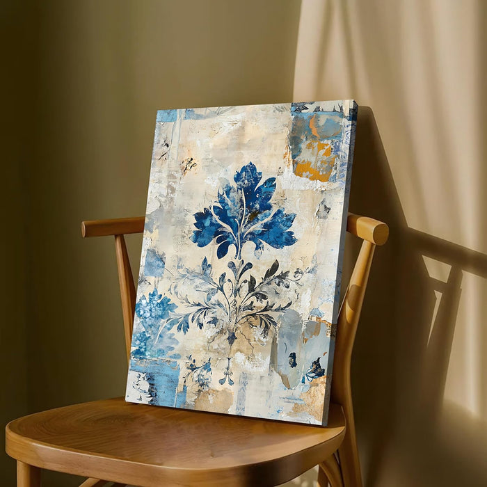 Abstract Watercolor Floral Art in Blue, Beige, and Orange | Digital Painting On Canvas Stretched on Wood (16x22 Inch)