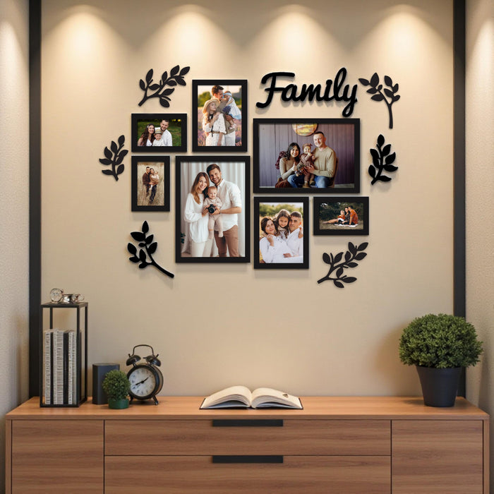 Family Tree Wall Photo Frame Set Pack of 7 with 7 MDF Cutouts for Home Decoration 4x6, 6x8, 8x12 Inch