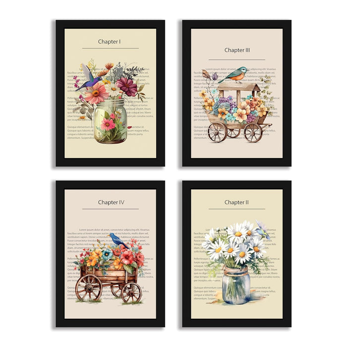 Art Street Dictionary Art Prints Textured Birds & Beautiful Flower Theme, Framed Posters for Home Décor & Wall Decoration for Living Room (Set of 4,12.6 X 9.2 Inch)