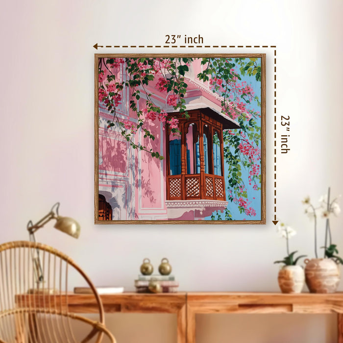 Jaipur Pink City Framed Painting For Living Room | Jharokha Art Large Canvas Painting With Frame Wall Art For Bedroom, Hallway's, Office, Hotel, Size 58x58 cm