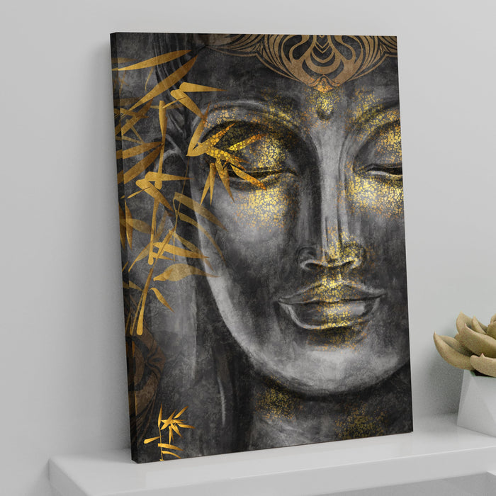 Art Street Stretched On Frame Canvas Painting Buddha Face Theme Grey Gold Art For Living Room, Decorative Home & Wall Décor Abstract Art (Size: 16x22 Inch)