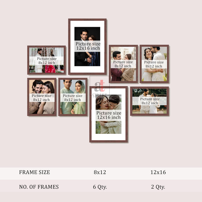 Art Street Photo Frame Set of 8 Brown Wall Decor Collage Display Hanging Family Picture Frames Gallery Collection Decor Items Wall Mount Frames Birthday Anniversary Gift, 8x12 and 12x16 In