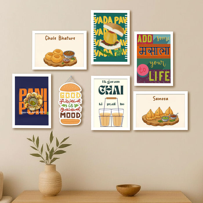 Indian Street Food Kitchen Framed Wall Art Painting Desi Food Illustrations & Quotes Painting with Frame for Kitchen, Restaurant, Set of 7 (1 MDF wall Hanging) 9x13 Inch