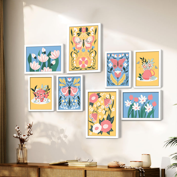 Art Street Set of 8 Indian Wall Art Print Butterfly with Flower Framed Vintage Poster For Home (Size: 9.3x12.7 & 12.7x17.5 Inch)