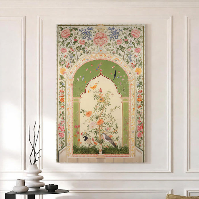 Mughal Floral Stretched Canvas Painting For Living Room | Madhubani Garden Stretched Canvas Wall Art For Livingroom Home Decor, Bedroom, Hallway's, Office, Hotel - 56x86 cm