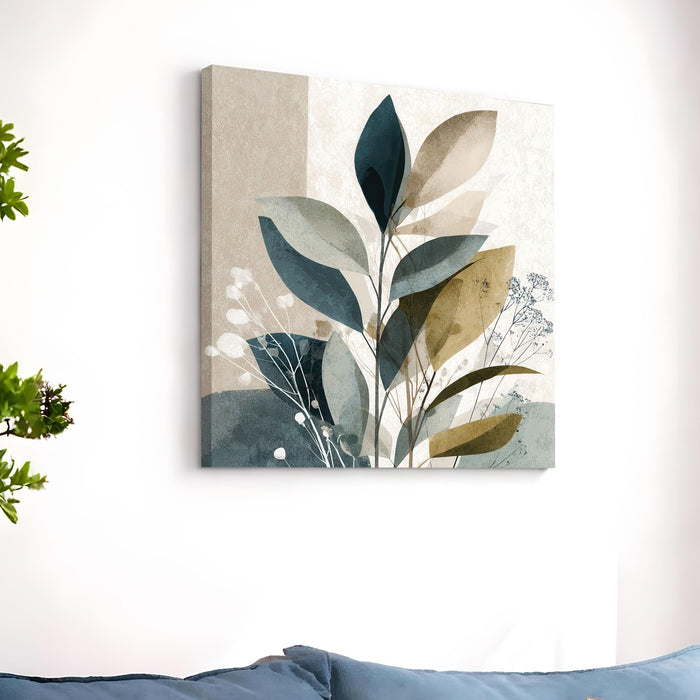 Abstract botanical foliage Stretched Canvas Wall Art Painting For Living Room, Modern Abstract Botanical Poster, Minimalist Overlapping Leaves in Earth Tones for Living Room & Office (56xx56 cm)
