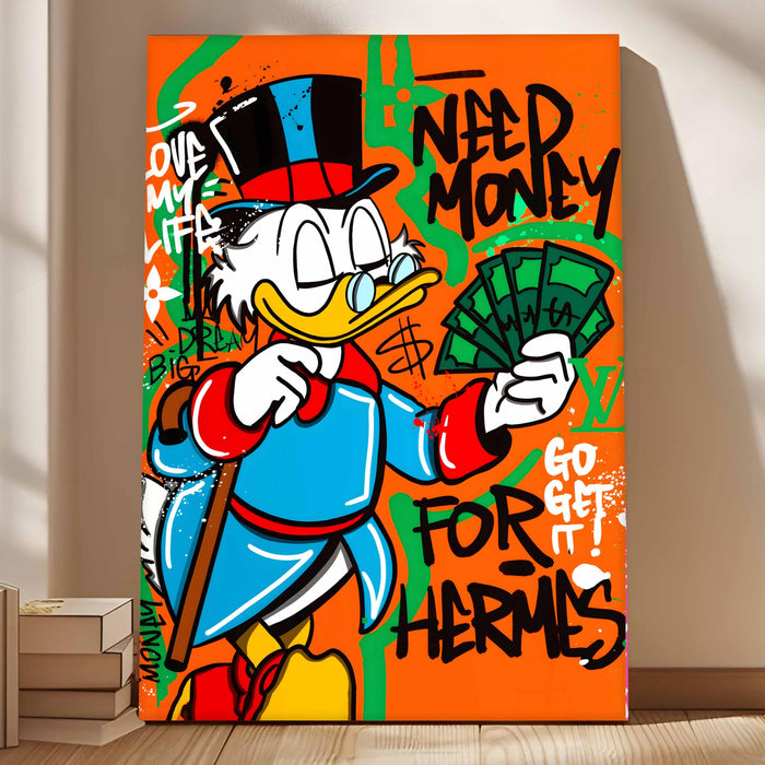 Modern Pop Art Duck Money Wall Painting | Graffiti Street Art Stretched Canvas Print | Bold Cartoon Artwork for Living Room, Office & Café Décor, 56x86 cm