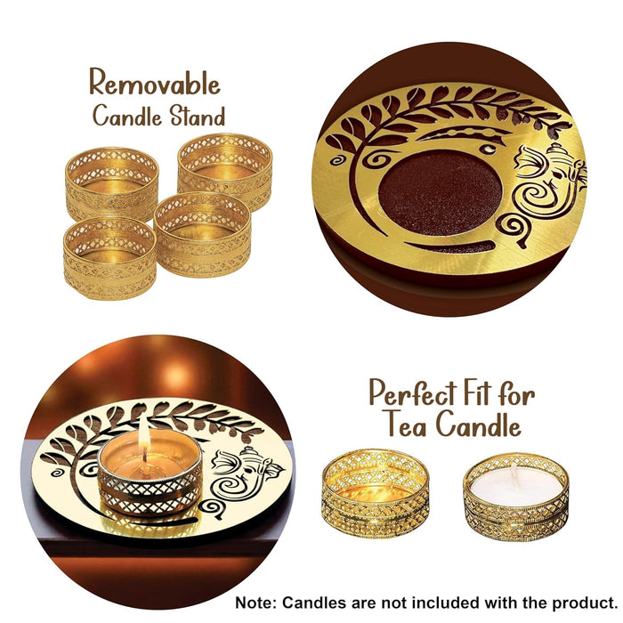 Decorative Diwali Tealight Diya Holders for Home Decoration, Dipawali Décor Items, Diwali Temple Decoration - Pack of 4 MDF Wood Tea Light Candle Holder Deity Ganesha Stand –11.5x11.5 cm