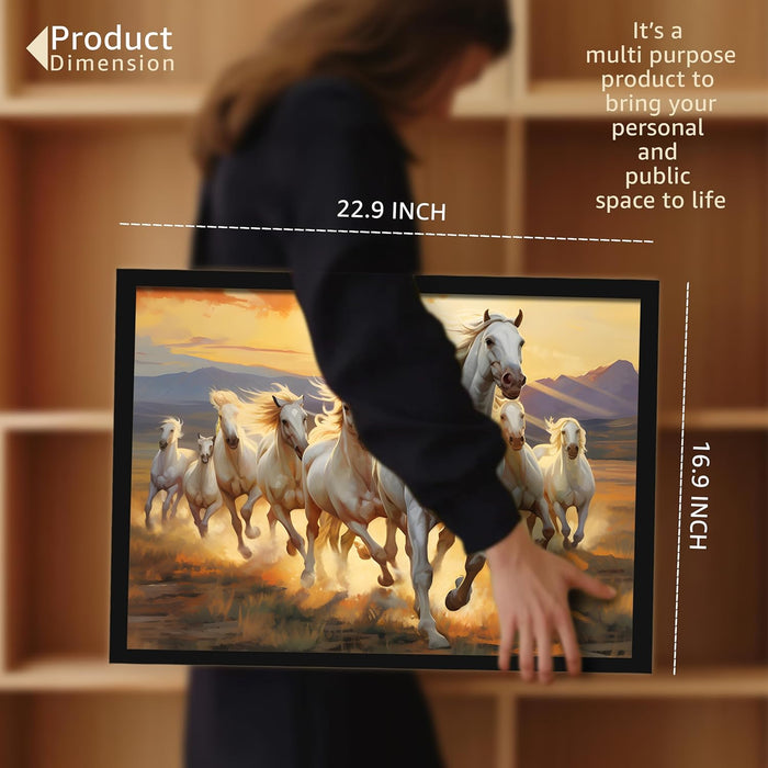 Abstract Wall Art Eight Running Horses Vastu Feng Shui Multicolor | Digital Painting Framed with Engineered Wood Frame (17x23 Inch)