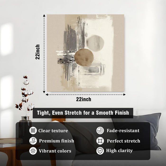 Abstract Minimalist Geometric Stretched Canvas Wall Art Painting for Living Room, Modern Neutral Painting, Overlapping Circles & Lines in Beige & Black for Office (56xx56 cm)