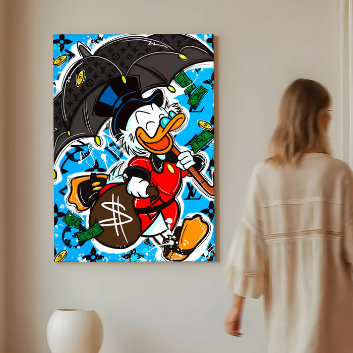 Luxury Cartoon Duck Pop Art Stretched Canvas Painting Print | Money & Success Theme Street Art Wall Décor | Modern Graffiti Style Artwork for Home & Office, 56x86 cm