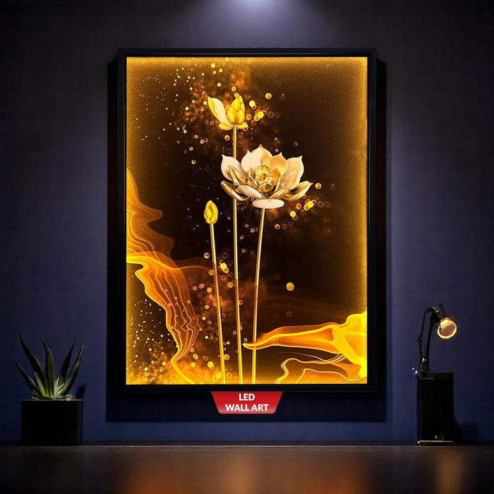 Framed Canvas Art Print with LED Light Decorative Painting Wall, Canvas Art, Digital HD White Lotus Print Wall Decor 43x58 cm