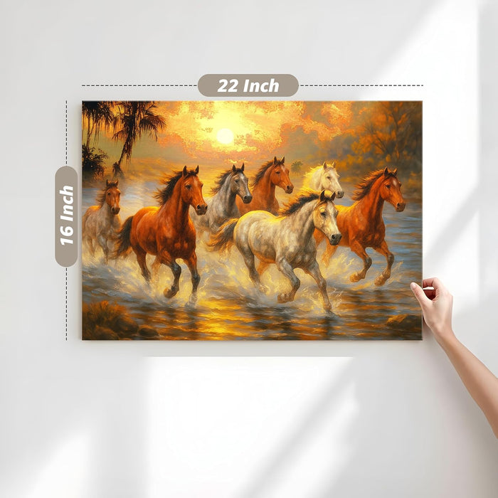 Seven Running Horses Wall Art Vastu Feng Shui Multicolor | Canvas Painting Stretched on Wood | Suits For Vastu-Friendly Place (16x22 Inch)