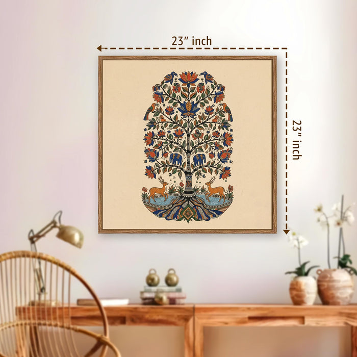 Kalamkari Tree of Life Framed Painting For Living Room | Madhubani Folk Animal Tree Large Canvas Painting With Frame Wall Art For Bedroom, Hallway's, Office, Hotel, Size 58x58 cm