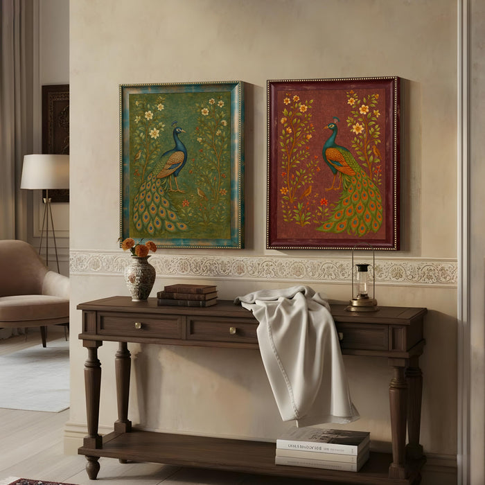 Set of 2 Green and Maroon Peacock Wall Art Framed Art Prints, Antique Indian Mughal Rajasthani Style Peacock Bird Painting, Ornate Framed Ethnic Wall Decor Living Room Bedroom 35x45 cm