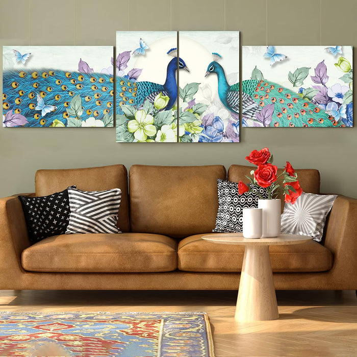 Art Street Stretched on Frame Modern Canvas Wall Art Painting Peacock with Flower Painting Elegant Feather Artwork For Home, Bedroom, Office Decoration (Set Of 4, 2 Pcs 12x22 & 2 Pcs 16x22 Inch)