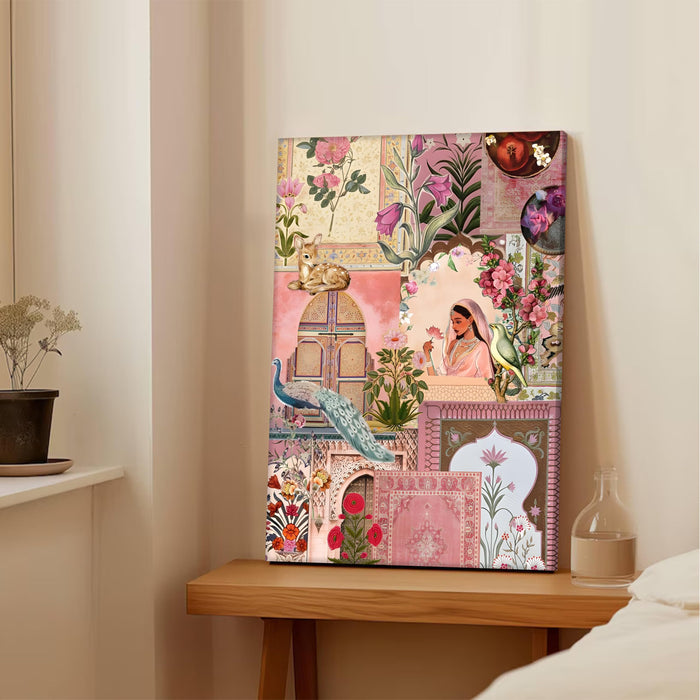 Mughal Garden Women and Peacock Floral Pattern Canvas Wall painting | Travel pop art Canvas Wall Painting For Home and Office Wall Décor (41x56 cm)