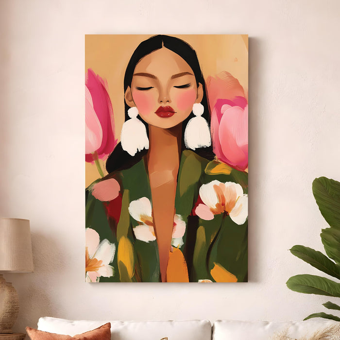 Abstract FLoral Portrait Stretched Canvas Painting For Living Room | Feminine Figurative Stretched Canvas Wall Art For Livingroom Home Decor, Bedroom, Hallway's, Office, Hotel - 56x86 cm