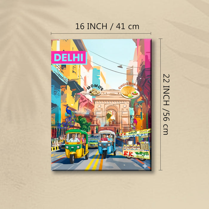 Delhi Landmarks Collage Mixed Media Canvas Wall Painting | Travel pop art Canvas Wall Painting For Home and Office Wall Décor (41x56 cm)