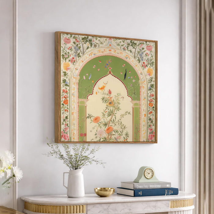 Floral Jharokha Framed Painting For Living Room | Traditional Madhubani Large Canvas Painting With Frame Wall Art For Bedroom, Hallway's, Office, Hotel, Size 58x58 cm