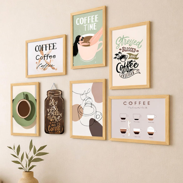 Coffee Retro Theme Kitchen & Cafe Framed Wall Art Painting Food Kitchen Quotes Painting With Frame Wall Decor for Home, Restaurant, Café, Set of 7 (1 MDF wall Hanging) 9x13 Inch