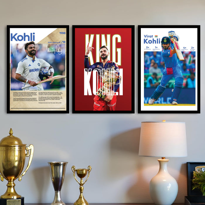 Virat Kohli Framed Wall Poster | Indian Cricket Legend Wall Art | Premium Sports Decor for Living Room, Bedroom & Office For Home Decor (13.9 Inch x 17.6 Inch, Set of 3)