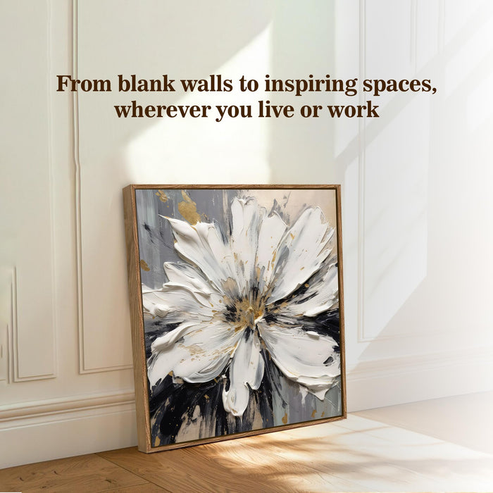 Abstract White Flower Framed Painting For Living Room | Modern Impasto Floral Large Canvas Painting With Frame Wall Art For Bedroom, Hallway's, Office, Hotel, Size 58x58 cm