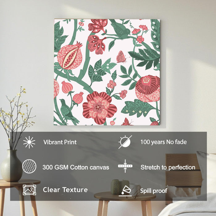 Rose Flower Leaf and Birds Abstract Painting for Wall Decoration | Flower Canvas Wall Paintings for Living Room, Bedroom, Home and Office Wall Decor (56x56 Cm)