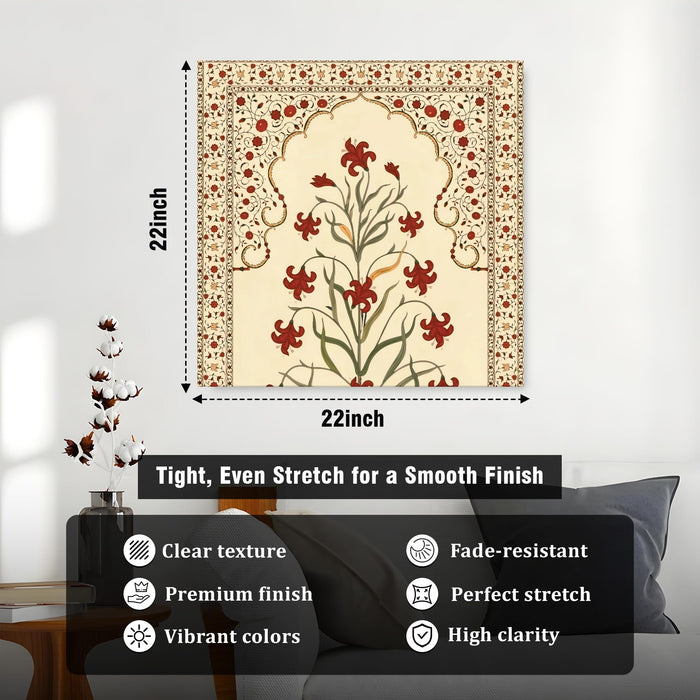 Traditional Indian Mughal Art Stretched Wall Painting for Living Room, Floral Jharokha Design with Crimson Blossoms, Ethnic Decor for Living Room, Office & Home Decor (56xx56 cm)