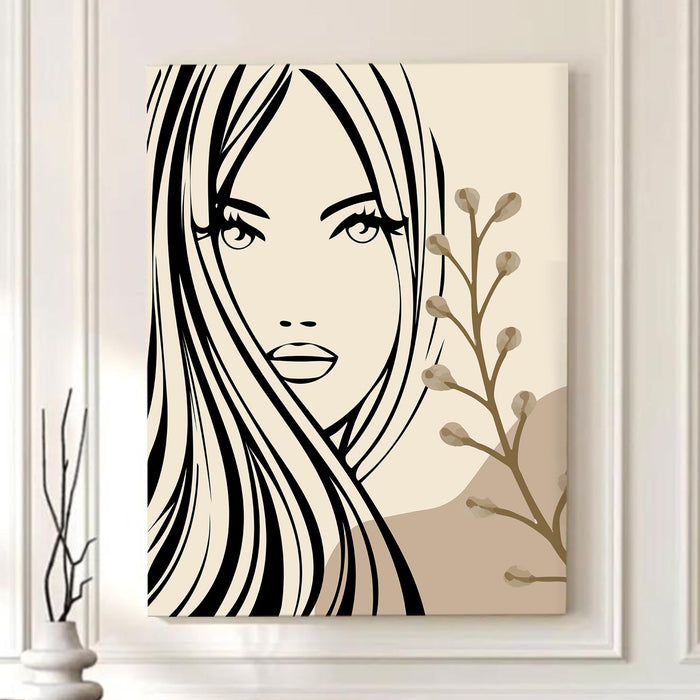 PAINTINGMANTRA Abstract Female face Stretched Canvas Wall Art Modern Boho Illustration Painting for Home & Office Wall Decor, (16x22 Inch)