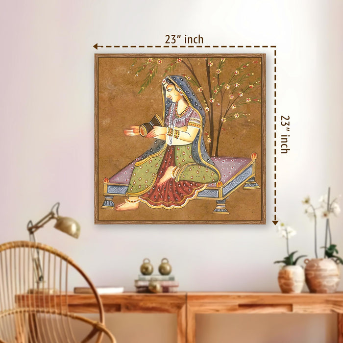 Indian Folk Framed Painting For Living Room | Traditional Ragamala Large Canvas Painting With Frame Wall Art For Bedroom, Hallway's, Office, Hotel, Size 58x58 cm
