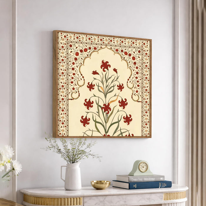 Madhubani Floral Framed Painting For Living Room | Traditional Indian Flower Large Canvas Painting With Frame Wall Art For Bedroom, Hallway's, Office, Hotel, Size 58x58 cm