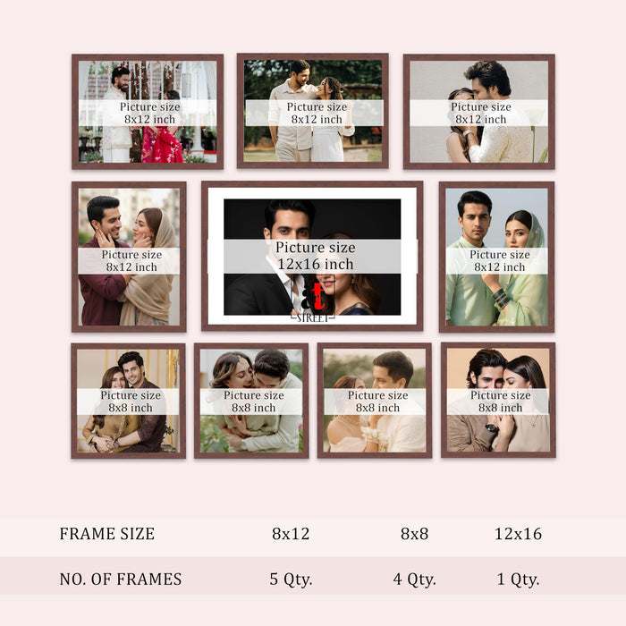 Art Street Photo Frame Set of 10 Brown Wall Decor Collage Display Hanging Family Picture Frames Gallery Collection Decor Items Wall Mount Frames Birthday Anniversary Gift, 8x8, 8x12 and 12x16 In