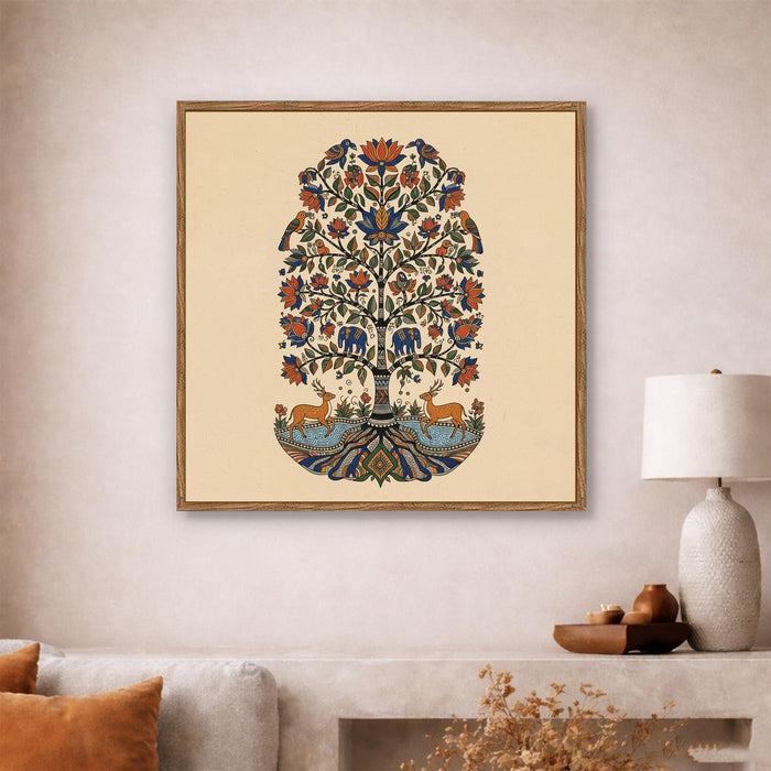 Kalamkari Tree of Life Framed Painting For Living Room | Madhubani Folk Animal Tree Large Canvas Painting With Frame Wall Art For Bedroom, Hallway's, Office, Hotel, Size 58x58 cm