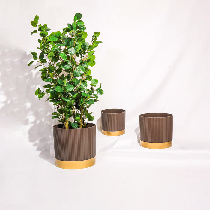 Plant Pot Pack Planter Pot Pack of 3 for Home Decor Brown Copper Indoor Outdoor with Vertical Embossed Ribbed Pattern Perfect 26x29, 21.5x24 and 17x18.5 cm