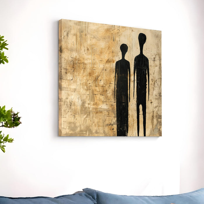 Abstract Minimalist Figures Stretched Canvas Wall Art Painting for Living Room, Modern Giacometti Style Silhouette Painting, Textured Earth Tones in Beige & Black for Office (56xx56 cm)