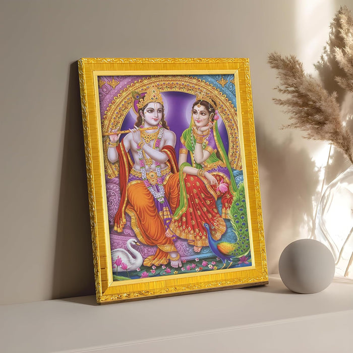 Divine Sri Radha and Krishna Purple Religious Golden Photo Frame Stand able and Wall Hanging (15x20 cm)