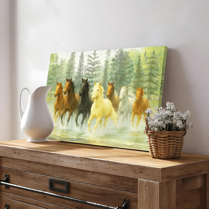 Seven Running Horses Wall Art Vastu Feng Shui Multicolor | Canvas Painting Stretched on Wood | Suits For Vastu-Friendly Place (16x22 Inch)