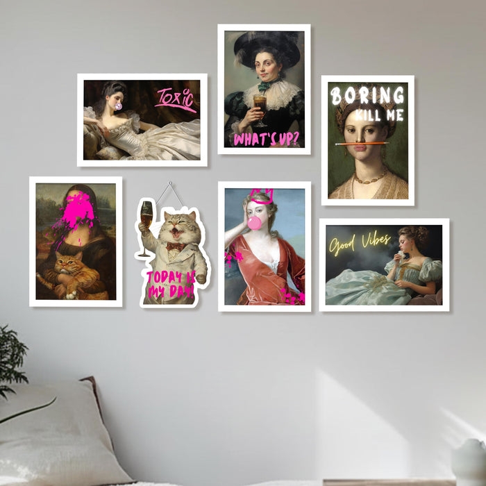 Modern Pop Art Framed Wall Art Set of 7 (1 MDF wall Hanging), Classical Portraits with Bold Quotes & Graffiti Style | Trendy Wall Decor Framed Painting for Living Room, 9x13 Inch