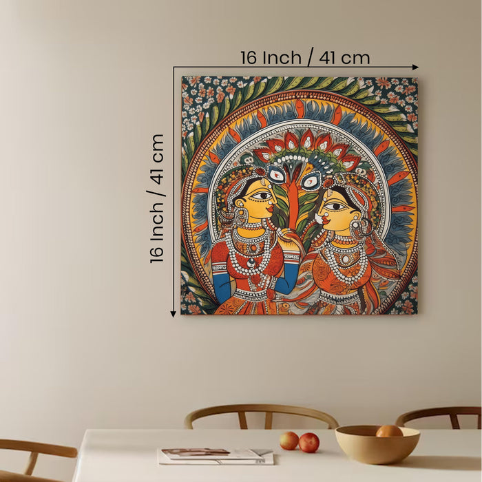 Madhubani Two Women Painting for Wall Decoration | Flower Canvas Wall Painting for Living Room, Bedroom, Home and Office Wall Decor (41x41 Cm)