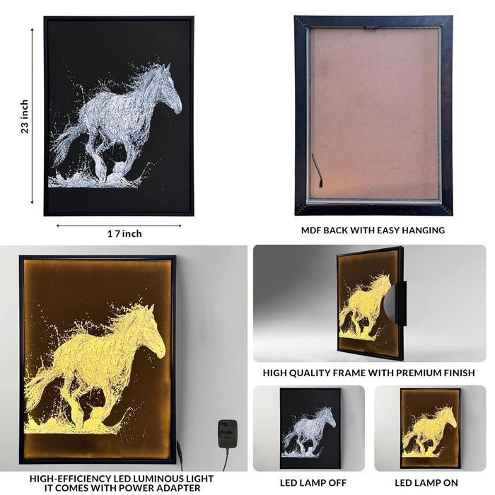 Framed Canvas Art Print with LED, Decorative Wall Decor Canvas Painting Monochromatic Running Horse from Water 43x58 cm