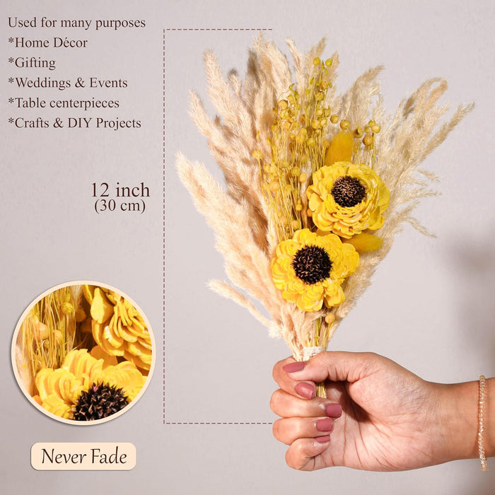 Dried Pampas Grass and Yellow Artificial Sunflower Bouquet Boho Dried Flower Arrangement, Natural Dry Floral Bouquet 30 cm