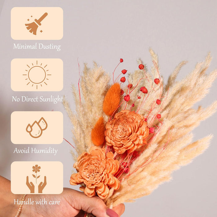 Dried Pampas Grass and Orange Artificial Flowers Bouquet Boho Dried Flower Arrangement, Natural Dry Floral Bouquet 30 cm