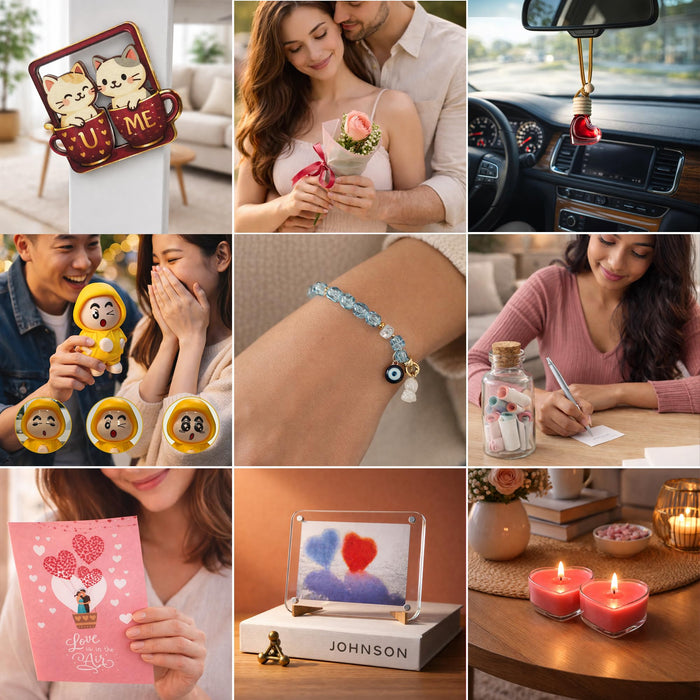 Valentine’s Day Gift Hamper for Her Him Couples Unique Valentine Gift Box Set of 9 Special Valentine Articles with Romantic Decor, Car Hanging Aroma Fragrance, Love Greeting Card